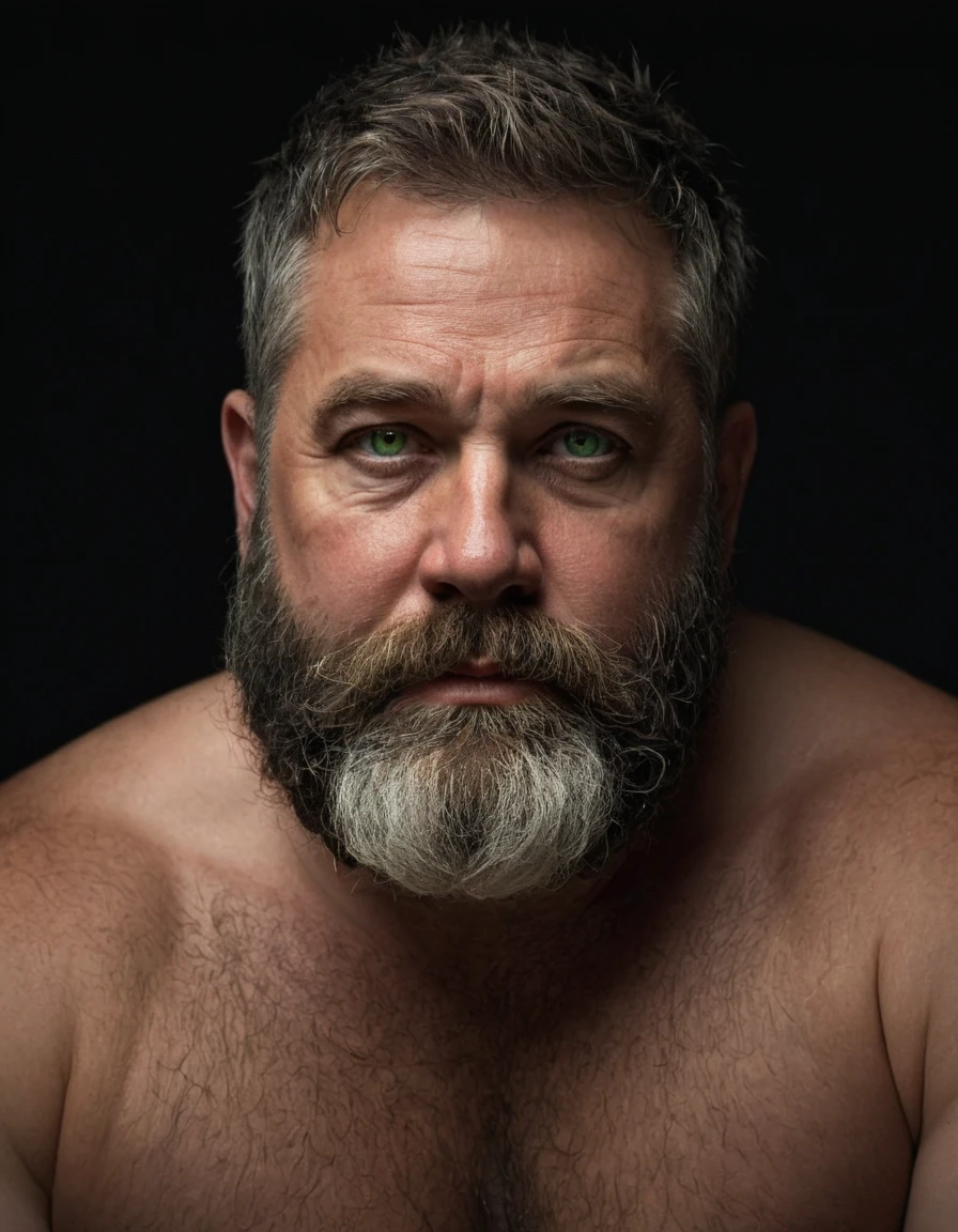 "Capture an 8K, hyperrealistic portrait of a man around 50 years old. He has very short military-style fade haircut, with a rugged beard that gives off a lumberjack vibe. His piercing green eyes gaze directly at the viewer. The scene shows the man from the waist up, revealing his heavily hairy chest and stomach, showcasing a chubby physique. He is shirtless against a deep black background, with a chiaroscuro lighting effect casting dramatic shadows on one side of his face and body. The image should focus on the intricate details of his facial features, beard texture, and chest hair, rendered in the hiperrealista style. Drawing inspiration from Greg Rutkowski's photography, emphasize the contrast between light and shadow, creating a powerful and intimate portrait of this rugged man."