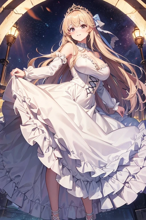 busty anime girl elf, milf, mommy, soft and adorable body and face, wearing a long loose opera singer dress, wearing a nun veil with various small hanging by a thread gold ornaments, long sleeves that cover her entire arm and hands with triangular shaped frills at the end, sitting on a crescent moon shaped swing long hair, fairy tale, sleeping beauty, mystic fantasy character design, full body, concept art, nsfw