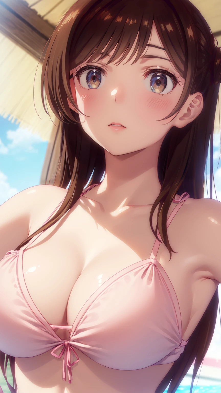 Nsfw、mizuharachizuru, Chizuru Ichinose, long hair, bangs, brown hair, (brown eyes:1.5),(((pink Seathrough Brassiere))),pink nipples、beach
,super big breasts、Bikini、beach、Angle looking up from below,

Destroying masterpiece:1.2), highest quality, High resolution, unity 8k wallpaper, (figure:0.8), (detailed and beautiful eyes:1.6), highly detailed face, perfect lighting, Very detailed CG, (perfect hands, perfect anatomy),