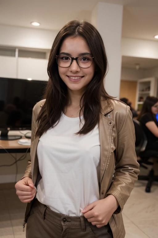 Diana Mora 25 year old Mexican girl with glasses and cute smile photo realistic gamer girl with white shirt and adorable brown jacket and brown pants