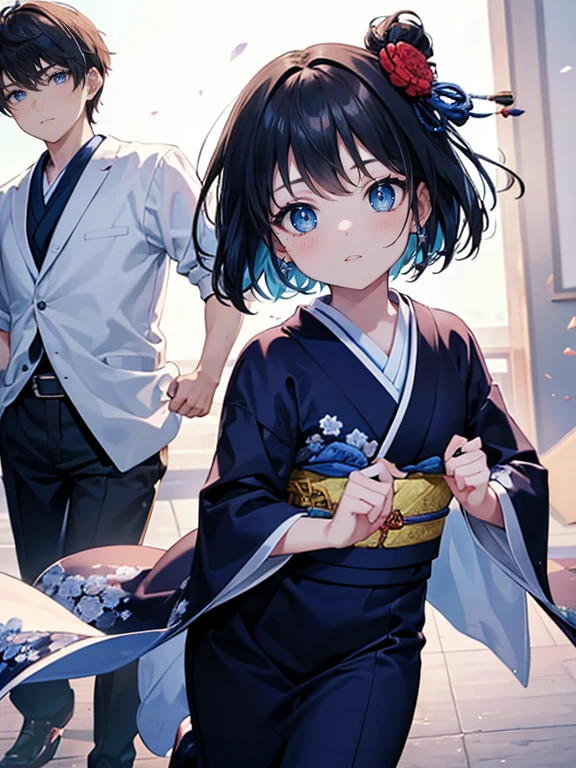 A (masterpiece, of the highest quality, ultra-detailed), featuring ((a and a 5-year-old boy)), with black and navy bob-cut hair, finely sculpted facial features, blue eyes, and fair skin, adorned in traditional Japanese kimonos, with sparkling eyes, smiling with mouths open, experiencing the utmost joy, striking dynamic poses ((while running hand in hand)).