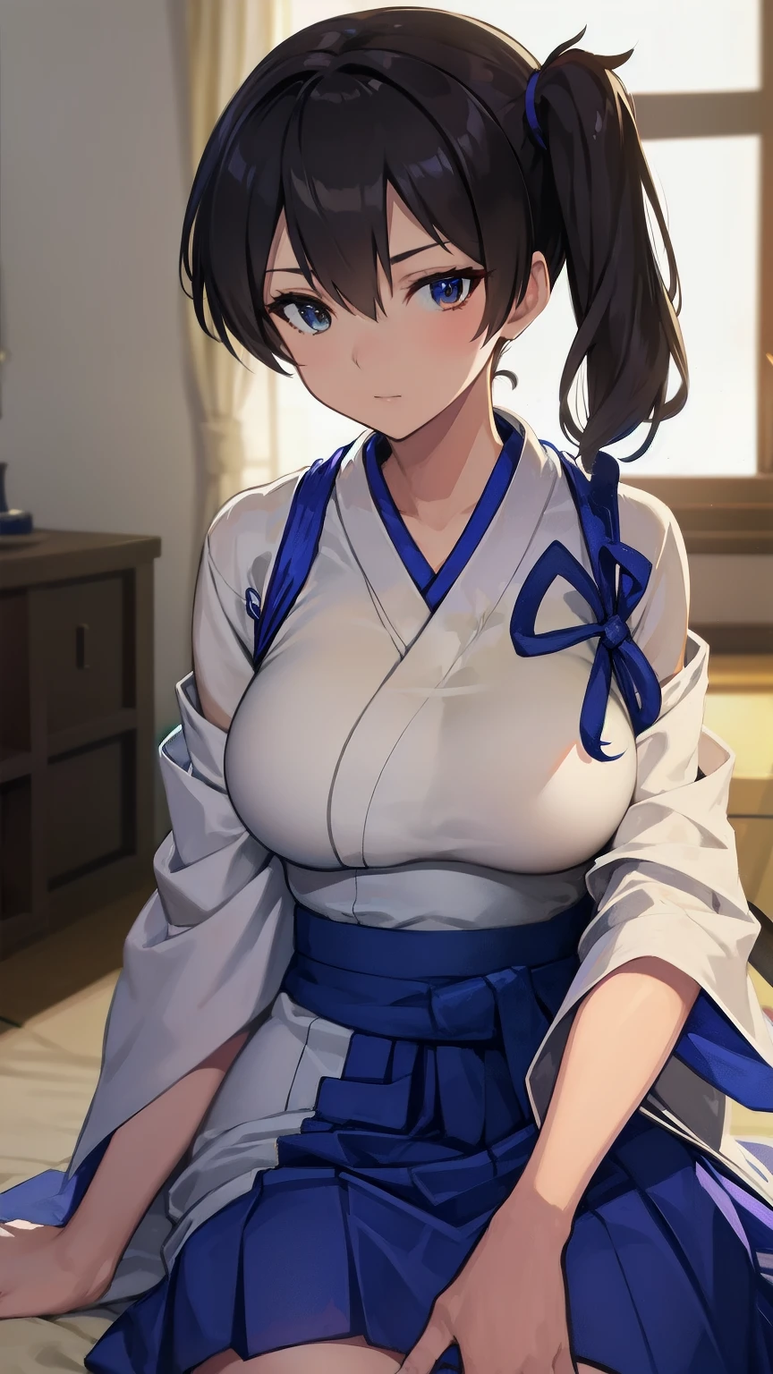 Kaga(Fleet Collection),highest quality, masterpiece, High resolution,kimono,blue skirt,side ponytail,big_breasts,