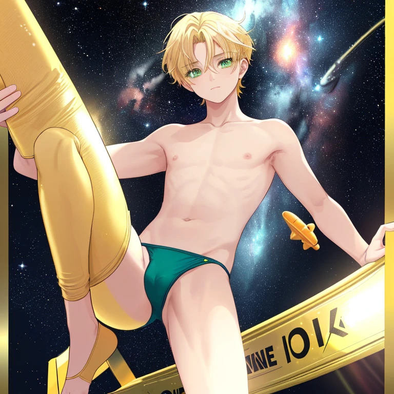 Chico de. in yellow speedo floating in space with a background of galaxies with American facial features light green eyes golden blonde hair thin thin nose full body