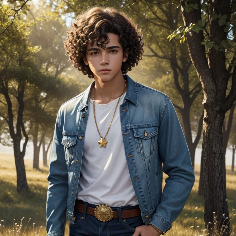 20-year-old boy curly hair with open denim jacket white shirt blue jeans belt with sun buckle golden star necklace brown eyes looking straight ahead towards the viewer on a background of a meadow with trees of arcane symbols 