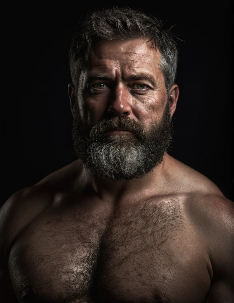 "Capture an 8K, hyperrealistic portrait of a man around 50 years old. He has very short military-style fade haircut, with a rugged beard that gives off a lumberjack vibe. His piercing green eyes gaze directly at the viewer. The scene shows the man from the waist up, revealing his heavily hairy chest and stomach, showcasing a chubby physique. He is shirtless against a deep black background, with a chiaroscuro lighting effect casting dramatic shadows on one side of his face and body. The image should focus on the intricate details of his facial features, beard texture, and chest hair, rendered in the hiperrealista style. Drawing inspiration from Greg Rutkowski's photography, emphasize the contrast between light and shadow, creating a powerful and intimate portrait of this rugged man."