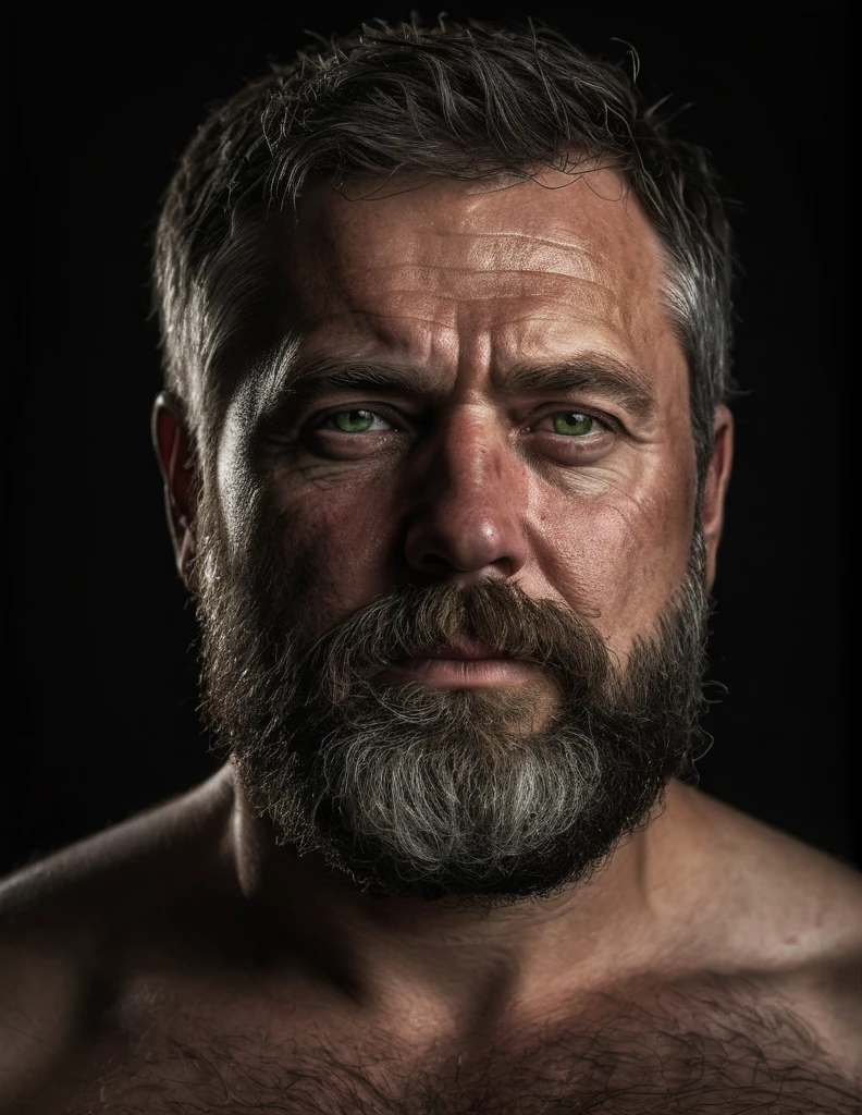 "Capture an 8K, hyperrealistic portrait of a man around 50 years old. He has very short military-style fade haircut, with a rugged beard that gives off a lumberjack vibe. His piercing green eyes gaze directly at the viewer. The scene shows the man from the waist up, revealing his heavily hairy chest and stomach, showcasing a chubby physique. He is shirtless against a deep black background, with a chiaroscuro lighting effect casting dramatic shadows on one side of his face and body. The image should focus on the intricate details of his facial features, beard texture, and chest hair, rendered in the hiperrealista style. Drawing inspiration from Greg Rutkowski's photography, emphasize the contrast between light and shadow, creating a powerful and intimate portrait of this rugged man."
