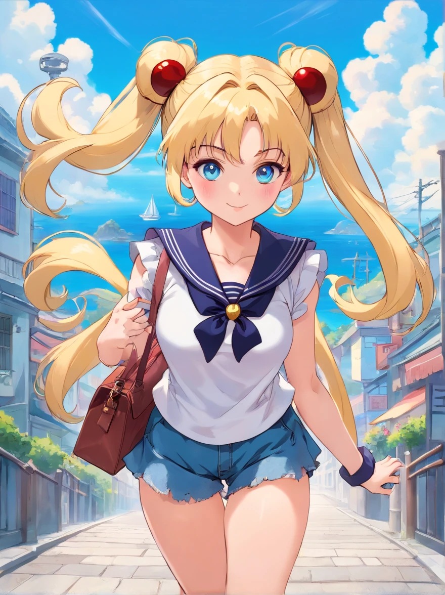 Adult woman blonde long hair with two buns tied to two high pigtails sky blue eyes face identical to Serena Tsukino character from the Sailor Moon anime dressed in a short top and jeans with black ankle boots and a bag 