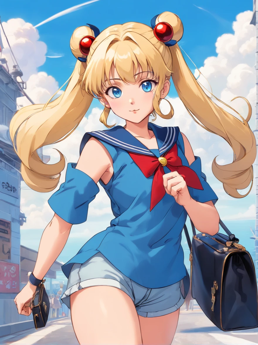 Adult woman blonde long hair with two buns tied to two high pigtails sky blue eyes face identical to Serena Tsukino character from the Sailor Moon anime dressed in a short top and jeans with black ankle boots and a bag 