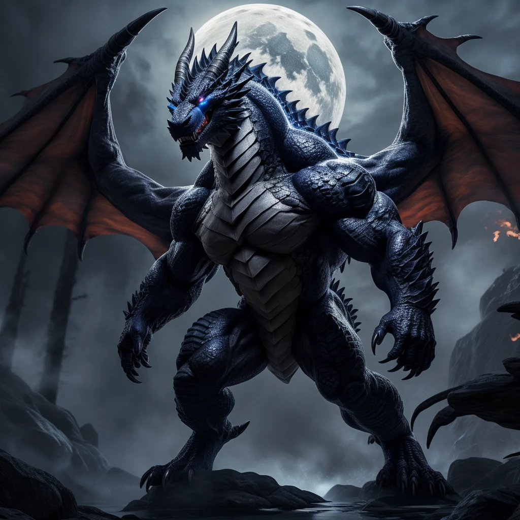 In the heart of a moonlit forest, bathed in the ethereal glow of the night, stands a magnificent beast. This dragon-wolf hybrid, a true masterpiece of nature, embodies the essence of strength and elegance. Its piercing blue glowing eyes captivate all who dare to meet its gaze, emanating power and wisdom.
With black wings encircled by flaming orbs, this creature possesses a terrifying appearance that strikes fear into the hearts of all who witness it. Its body is adorned with meticulously detailed scales, reflecting the moonlight with an otherworldly shimmer. Sharp fangs protrude from its powerful jaw, ready to tear through any foe. Its muscular physique is adorned with powerful claws that can rend through steel.
But perhaps the most awe