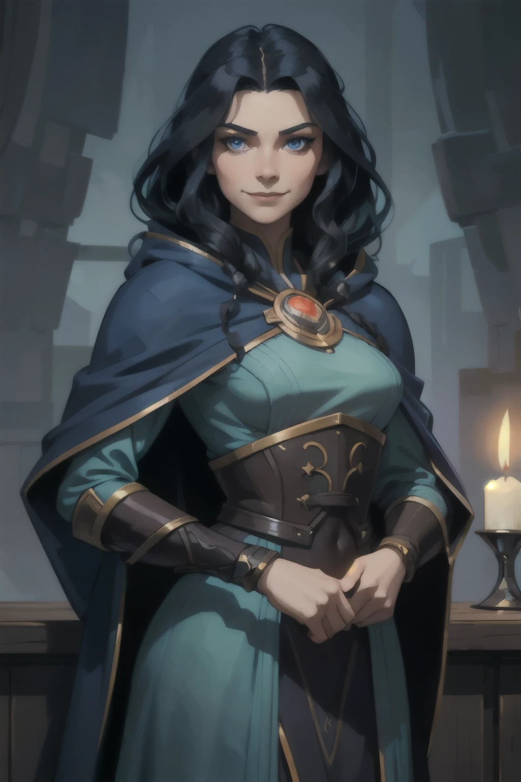 (brom, fantasy artwork:1.2), 1 woman, in a tavern, stand up, happy, long wavy black hair, lips are soft or colored, curly hair, arms crossed, hooded, fur coat, fully clothed, smile facial expression, bright blue eyes, perfect eyes, (atmosphere), coherent, continuity, epic, sharp lines, (brushed colors) in a tavern, warm candle light