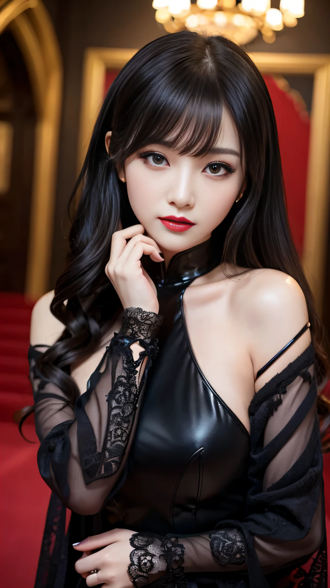 tra-detailed、Japanese、attractive beauty、seductive adult woman、pretty woman、piercing eyes、cool girl、wavy hair、swept bangs、Long Black Cheongsam、wide sleeves、Evil cadres、evil depravity、brainwash、mind control、lipstick、lip gloss、dark makeup、smirk、whisper in your ear、Evil expression、evil、hollow eyes,half-closed eyes、empty eyes、evil、church at night、vampire、succubus、vampire、Swear allegiance、sexy pose、hair ornaments、