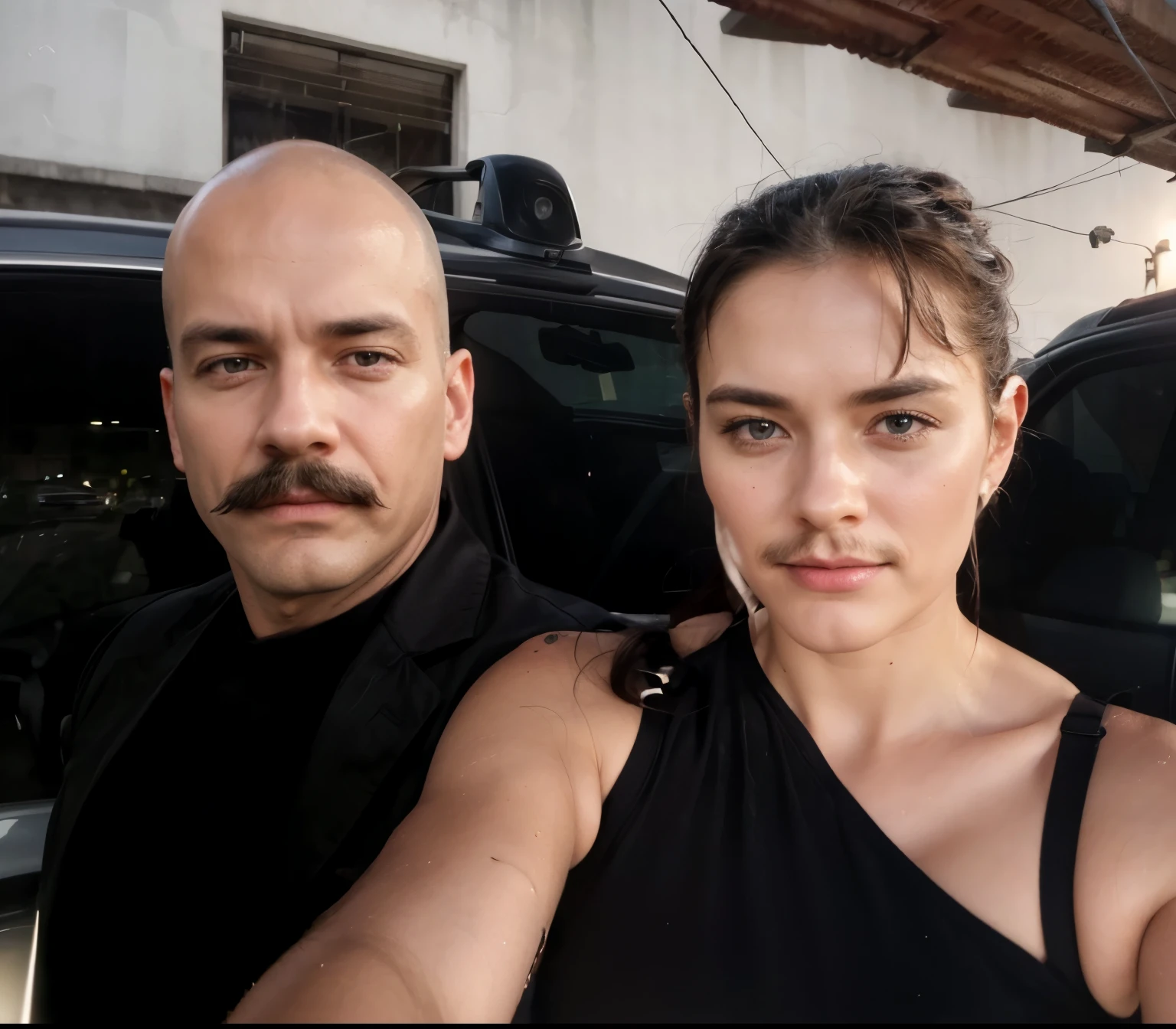 couple,a man,a woman,car in the background,high-resolution,ultra-detailed,realism,black clothes,sharp focus,vivid colors,soft lighting,photorealistic scenery,romantic environment,urban setting,noir aesthetics,wet streets,streetlights,faded reflections,nighttime ambiance,purposeful walking,subtle expressions,dramatic atmosphere,cityscape backdrop , man with moustache