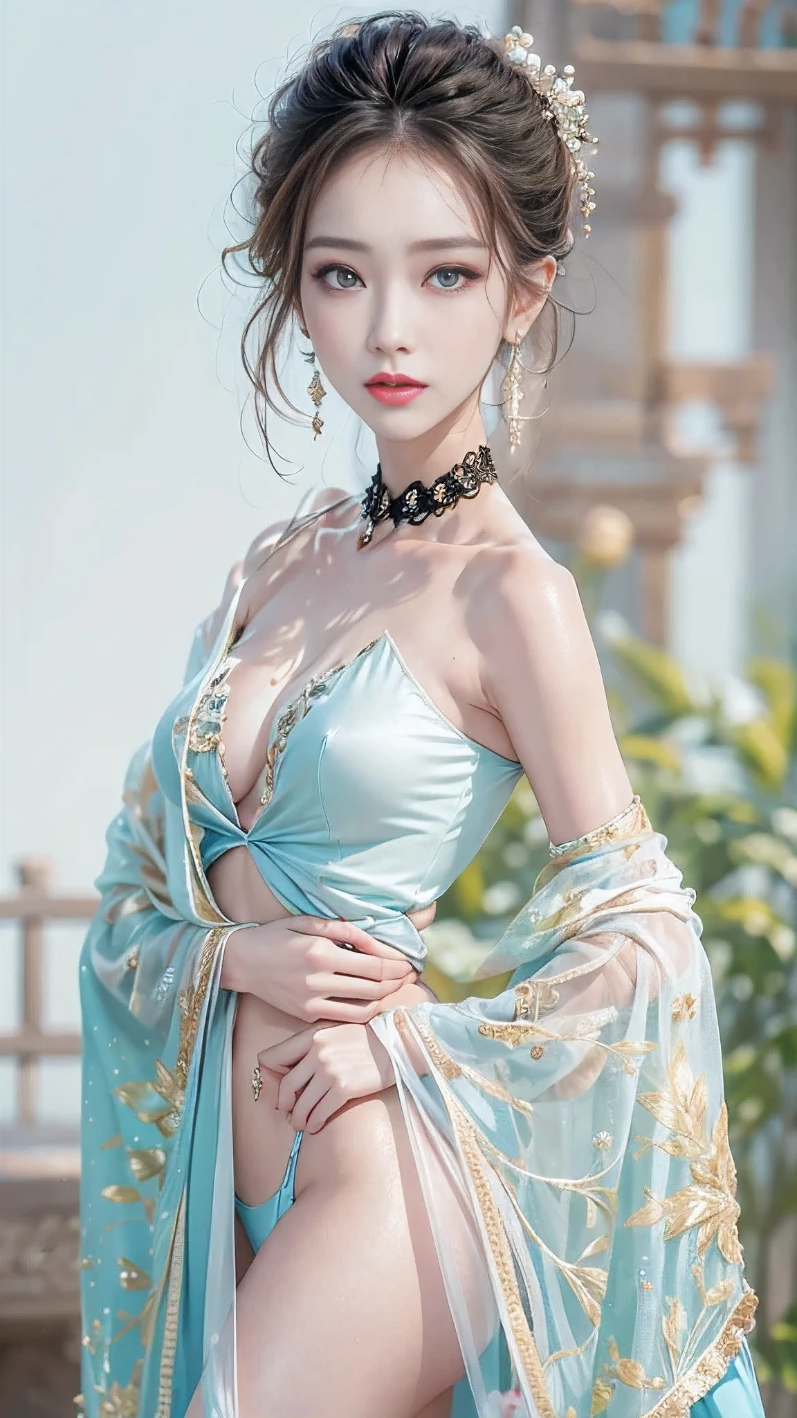 (the most absurd quality),(masterpiece),((best high quality real texture skin)), Fashion trendy beautiful and charming woman, gentle and charming Chinese beautiful woman, delicate and sexy collarbone, charming oval face, double eyelids, smart peach blossom eyes, pink lips, small nose, bare shoulders, ((firm normal full breasts:1.35)), Ultra-high-definition, super-detailed, the white off-the-shoulder shirt perfectly echoes the light blue slit skirt, fresh and impressive
