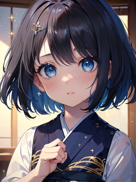 A (masterpiece, of the highest quality, ultra-detailed), featuring ((a 5-year-old girl and a 5-year-old boy)), ((a crying girl and a worried boy)), with black and navy bob-cut hair, finely sculpted facial features, blue eyes, and fair skin, adorned in traditional Japanese kimonos, with sparkling eyes.
