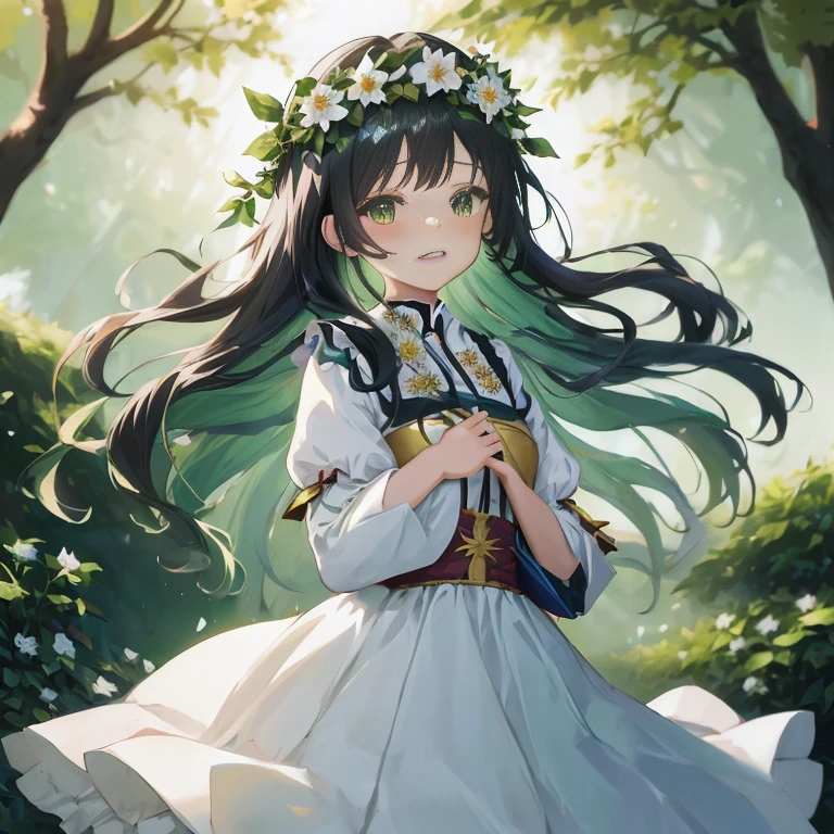 anime girl with long hair and flower crown in a forest, official art, anime moe artstyle, cute anime waifu in a nice dress, anime visual of a cute girl, hestia, beautiful anime portrait, guweiz on pixiv artstation, a maid in a magical forest, beautiful maiden, beautiful anime girl,  in dress, high detailed official artwork