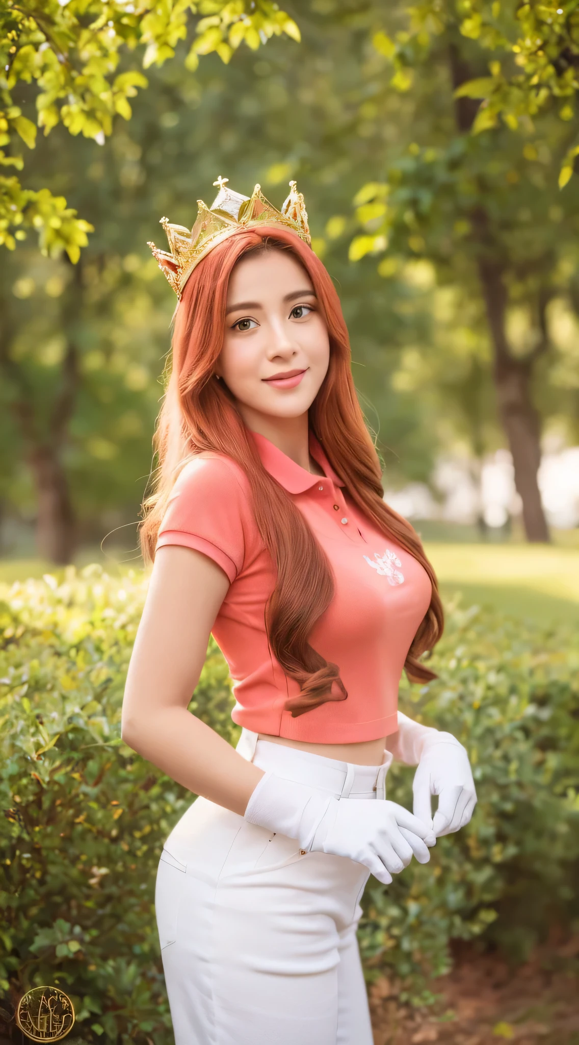 (Outside with beautiful vegetation.,) red hair, one girl, Una princesa Peach con una preciosa camiseta polo rosa y una falda corta blanca., ella es gentil y compasiva y se la muestra sonriendo gentilmente., She stands over 6 feet tall and wears a gold crown over her blonde hair and white golf gloves... Con un enfoque en su gran pecho atractivo, ( pecho grande), ella es representada en un primer plano desde abajo.