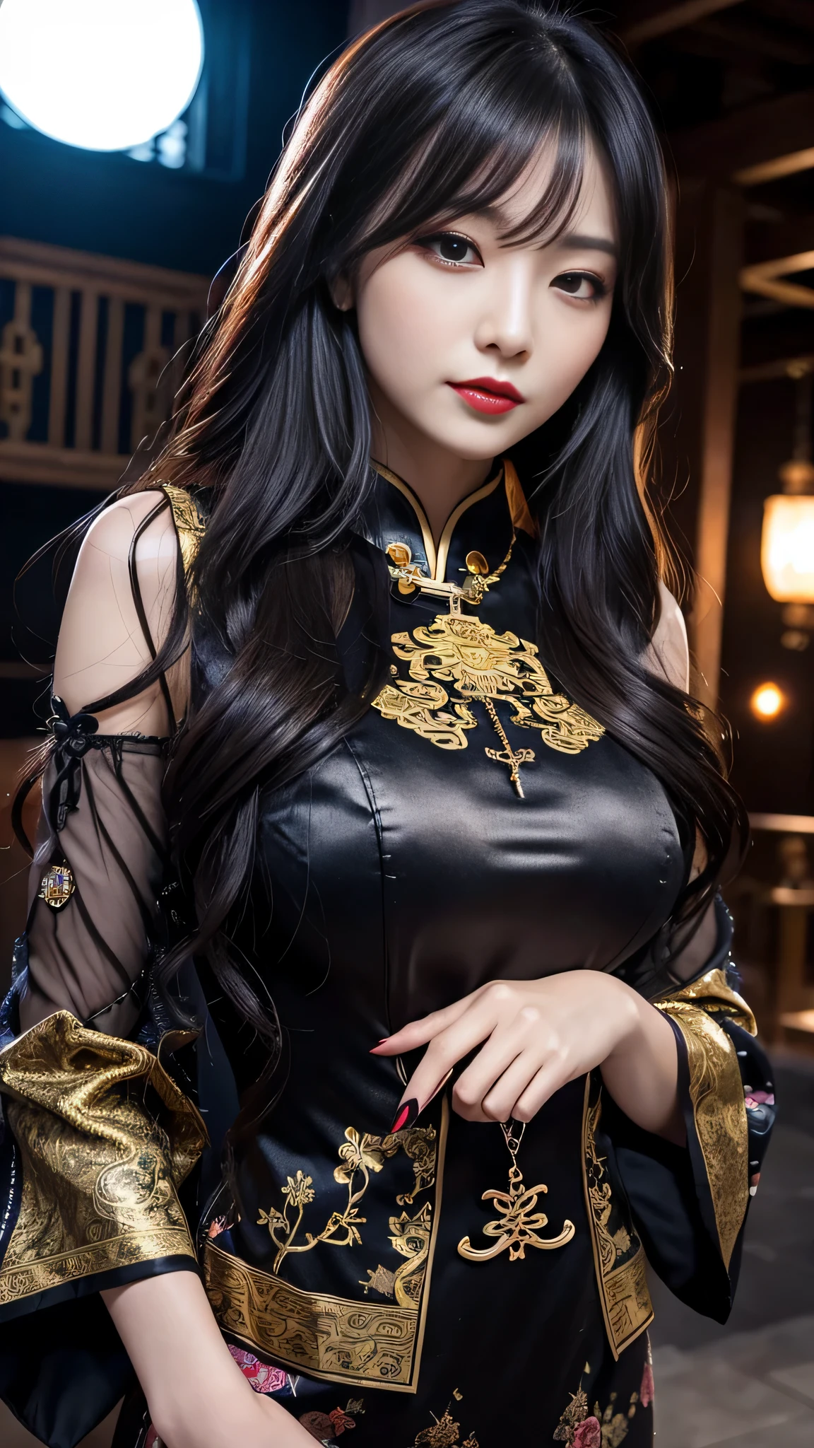 tra-detailed、Japanese、attractive beauty、seductive adult woman、pretty woman、piercing eyes、cool girl、wavy hair、swept bangs、Long Black and Gold Cheongsam、wide sleeves、Evil cadres、evil depravity、brainwash、mind control、lipstick、lip gloss、dark makeup、smirk、whisper in your ear、Evil expression、evil、hollow eyes,half-closed eyes、empty eyes、evil、church at night、vampire、succubus、vampire、Swear allegiance、sexy pose、hair ornaments、