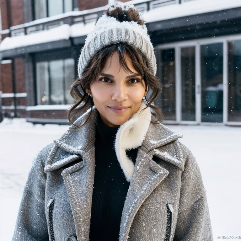Halle Berry in the snow wearing a fitted coat