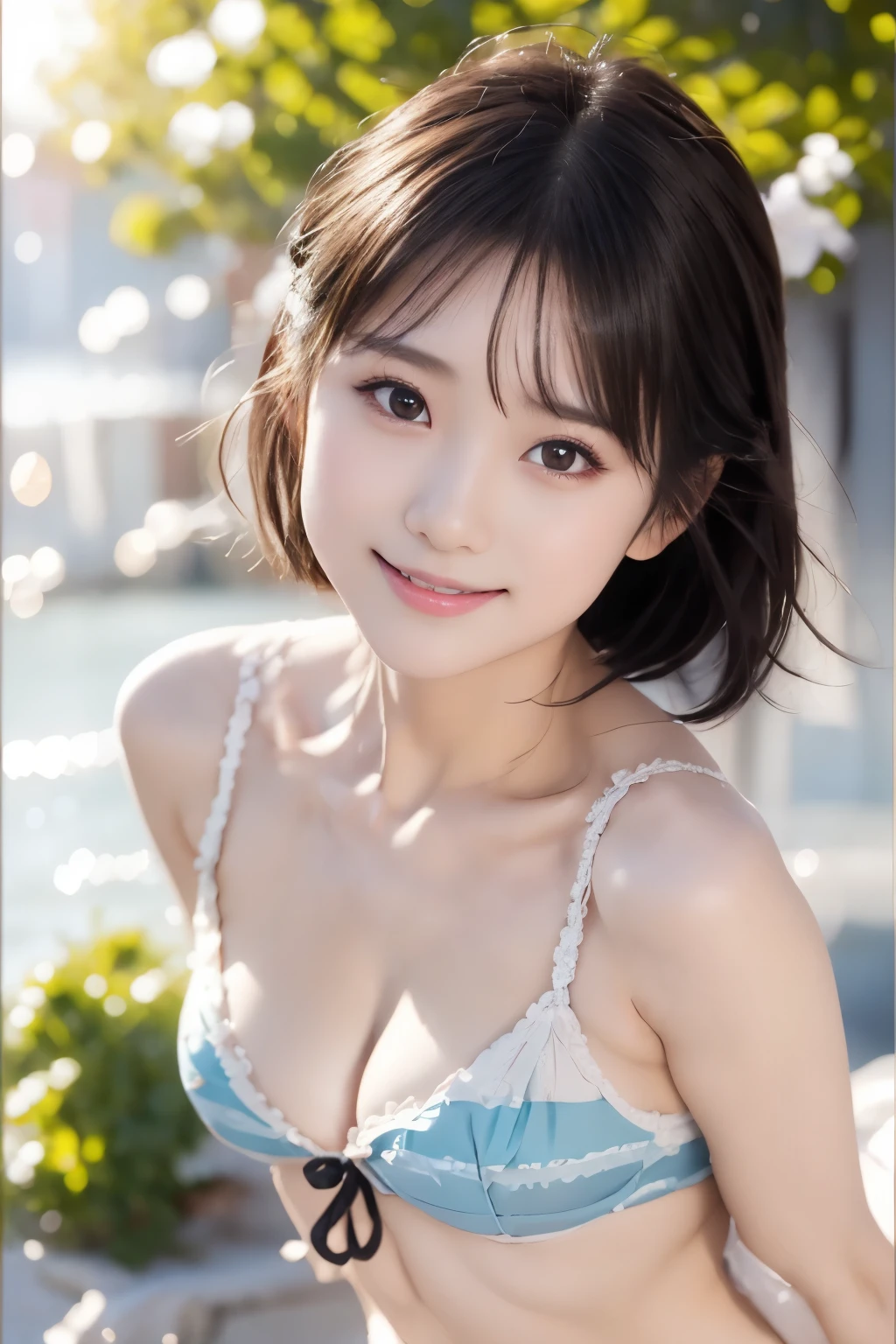 (((masterpiece))), (((full body photo)))，(one beautiful girl, innocence，cute) ，ultra high resolution, reality, Super detailed, 8k,highest quality, very detailed, blurred background,thin，small breasts，(very beautiful japanese girl, detailed face:1.3), (short black hair :1.4), (，cute type,adorable girl), (perfect body:1.1),((white micro bikini))、rosy cheekest smile,Super detailedな顔、detailed lipine eyes、sparkling eyes，small gravure idol，transparent skin、lolita，photoreal:1.37、bright sunny day、crystal blue sea、shining sun、shimmering reflections of wavefronts、cold sea breeze、In the water、naked,naked,