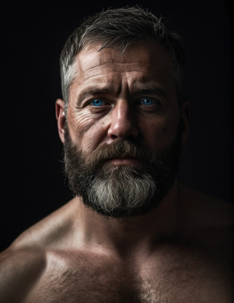 "Capture an 8K, hyperrealistic portrait of a man around 50 years old. He has very short military-style fade haircut, with a rugged beard that gives off a lumberjack vibe. His piercing blue eyes gaze directly at the viewer. The scene shows the man from the waist up, revealing his heavily hairy chest and stomach, showcasing a chubby physique. He is shirtless against a deep black background, with a chiaroscuro lighting effect casting dramatic shadows on one side of his face and body. The image should focus on the intricate details of his facial features, beard texture, and chest hair, rendered in the hiperrealista style. Drawing inspiration from Greg Rutkowski's photography, emphasize the contrast between light and shadow, creating a powerful and intimate portrait of this rugged man."