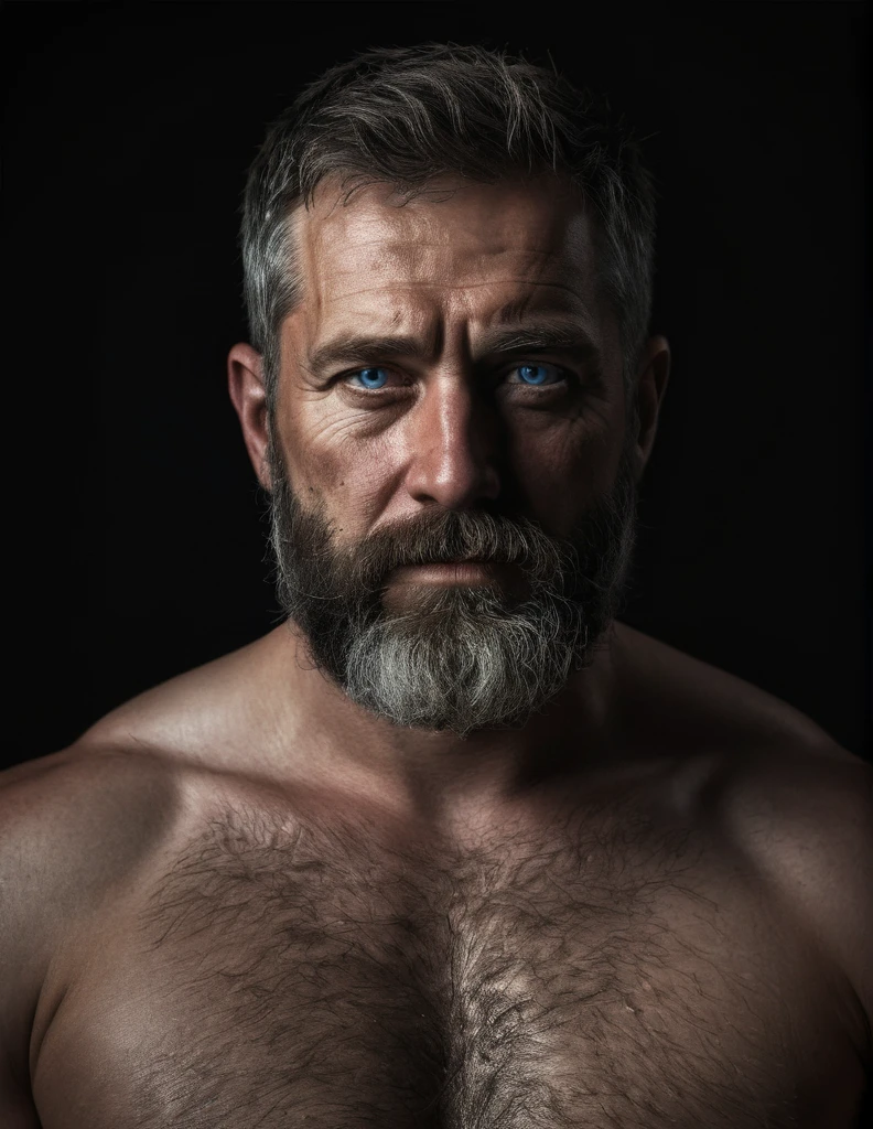 "Capture an 8K, hyperrealistic portrait of a man around 50 years old. He has very short military-style fade haircut, with a rugged beard that gives off a lumberjack vibe. His piercing blue eyes gaze directly at the viewer. The scene shows the man from the waist up, revealing his heavily hairy chest and stomach, showcasing a chubby physique. He is shirtless against a deep black background, with a chiaroscuro lighting effect casting dramatic shadows on one side of his face and body. The image should focus on the intricate details of his facial features, beard texture, and chest hair, rendered in the hiperrealista style. Drawing inspiration from Greg Rutkowski's photography, emphasize the contrast between light and shadow, creating a powerful and intimate portrait of this rugged man."