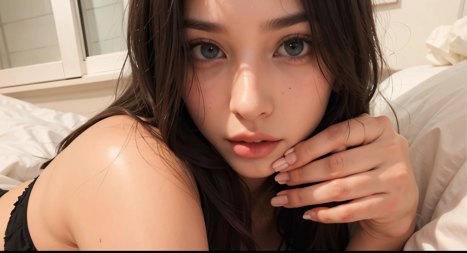 Mulher perfeita, boca perfeita, dedos perfeitos, boca perfeita, Flawless nose, olhos escuros perfeitos, cabelo preto liso perfeito
