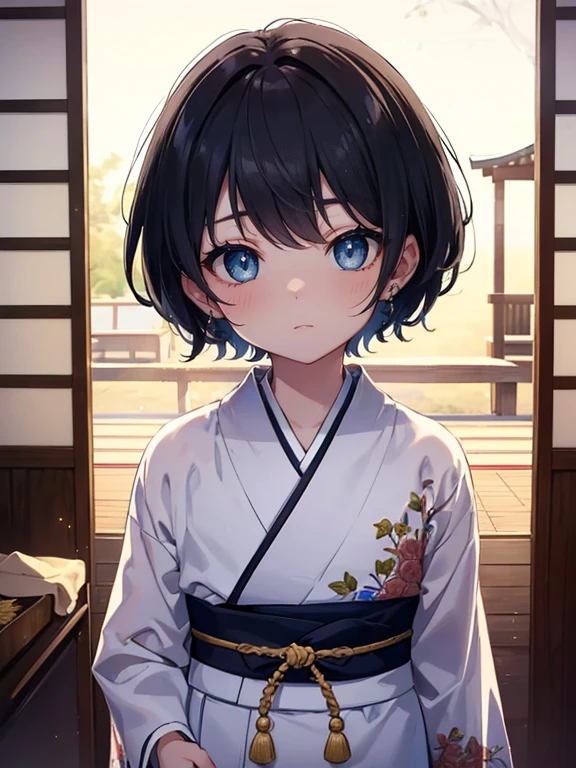 A (masterpiece, of the highest quality, ultra-detailed), featuring ((a 5--old )), ((rosy cheeks)), with black bob-cut hair, finely sculpted facial features, blue eyes, and fair skin, adorned in traditional Japanese kimonos, with sparkling eyes.