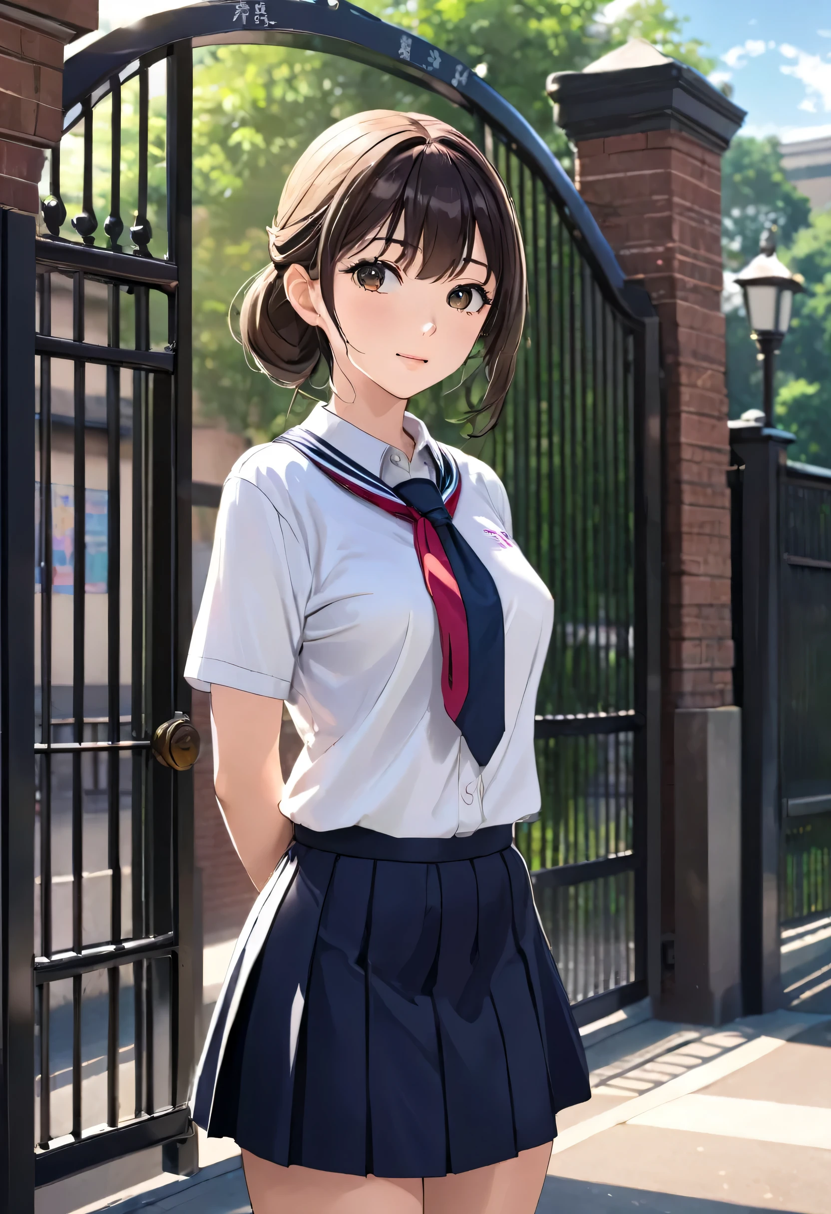 25 year old female, mature woman, ((At the school gate)), ((school uniform)), Raw photo, (photorealistic: 1.37, realistic), Highly detailed unified CG 8K wallpaper, 1 girl, (((perfect body: 1.1)), (medium breasts: 1.2), looking at the viewer, (((straight from the front)))), (headquarters skin:1.2, shiny skin), 8k uh, Digital single-lens reflex camera, soft lighting, high quality, film grain, Fujifilm XT3, ((full body: 0.8)), (professional lighting:1.4) ,