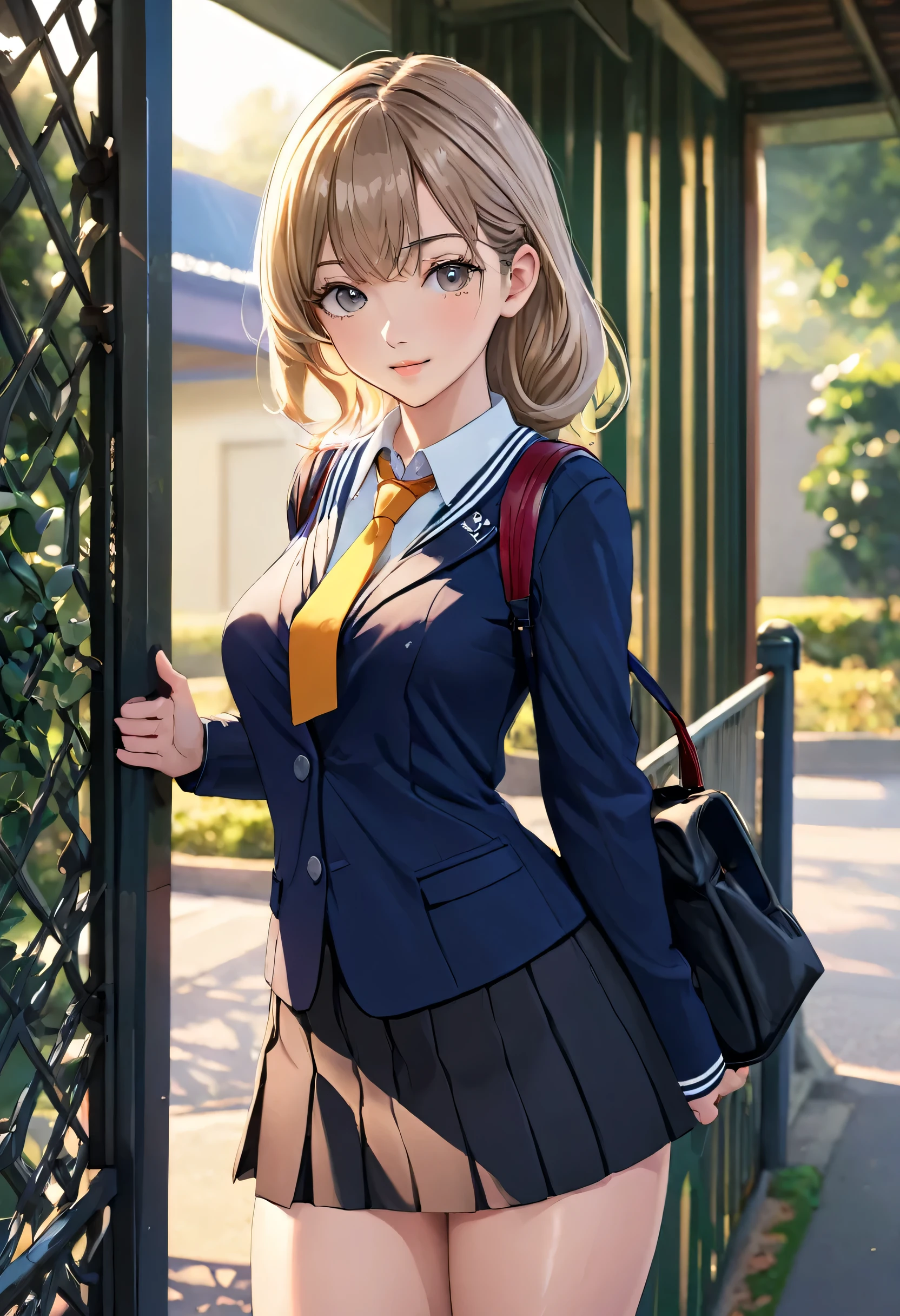 25 year old female, mature woman, ((At the school gate)), ((school uniform)), Raw photo, (photorealistic: 1.37, realistic), Highly detailed unified CG 8K wallpaper, 1 girl, (((perfect body: 1.1)), (medium breasts: 1.2), looking at the viewer, (((straight from the front)))), (headquarters skin:1.2, shiny skin), 8k uh, Digital single-lens reflex camera, soft lighting, high quality, film grain, Fujifilm XT3, ((full body:  0.8)), (professional lighting:1.4) ,