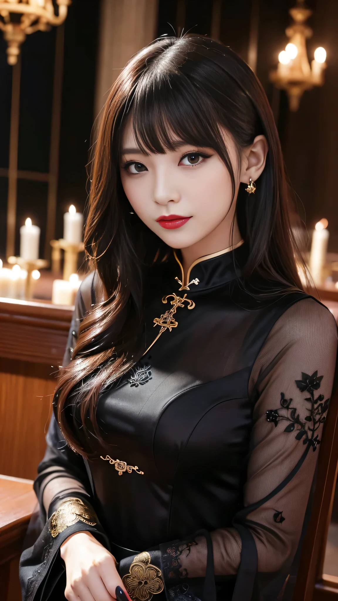 tra-detailed、Japanese、attractive beauty、seductive adult woman、pretty woman、piercing eyes、cool girl、wavy hair、swept bangs、Long Black and Gold Cheongsam、wide sleeves、Evil cadres、evil depravity、brainwash、mind control、lipstick、lip gloss、dark makeup、smirk、whisper in your ear、Evil expression、evil、hollow eyes,half-closed eyes、empty eyes、evil、church at night、vampire、succubus、vampire、Swear allegiance、sexy pose、hair ornaments、