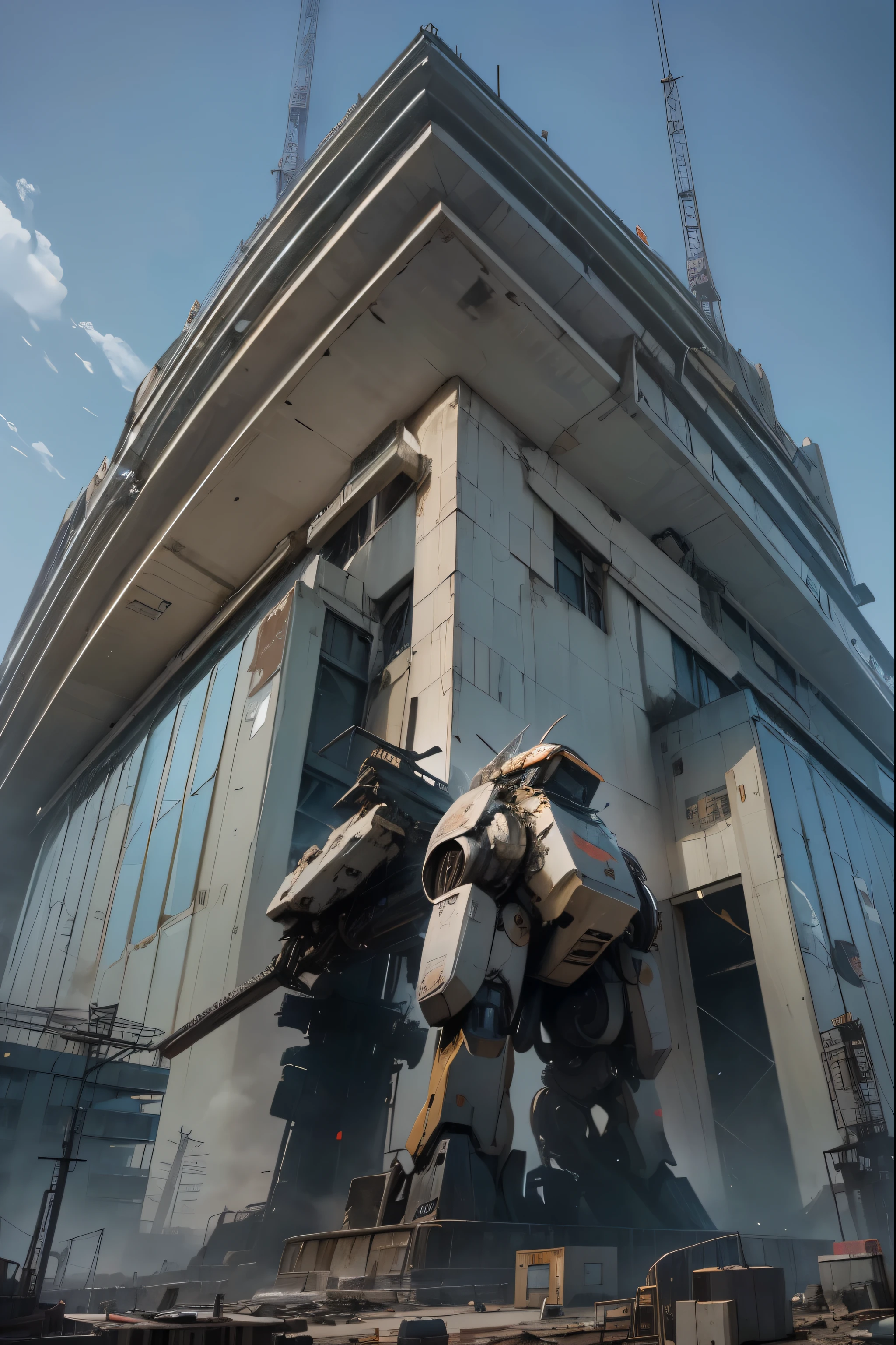 (Best quality, 8k, 32k, Masterpiece, UHD:1.2) Set the scene in a dystopian future where towering skyscrapers are replaced by colossal mechanical giants, with a giant robot serving as a towering building in the urban landscape. Emphasize the industrial and mechanical aesthetic of the city, with gritty details and weathered textures that evoke a sense of decay and neglect.
Depict the giant robot as a massive structure looming over the city skyline, its metallic frame adorned with rivets, panels, and other mechanical details that give it a distinctively robotic appearance. Use dynamic lighting and shadows to create depth and dimension, enhancing the sense of scale and grandeur of the robot.
Surround the base of the giant robot with a wasteland of discarded robotic parts and debris, strewn across the landscape like the remnants of a battlefield. Incorporate rusted metal, broken machinery, and other detritus to convey the sense of desolation and decay that permeates the scene.
Populate the scene with elements that evoke the atmosphere of classic 1980s anime, such as neon signs, billboards, and other futuristic details that hint at a world of advanced technology and urban decay. Use a muted color palette with hints of neon to capture the retro-futuristic aesthetic of the era.
Finally, imbue the scene with a sense of mystery and intrigue, leaving viewers to wonder about the story behind the giant robot and the world it inhabits. Use cinematic framing and composition to draw attention to key elements of the scene, inviting viewers to explore the richly detailed world you've created."