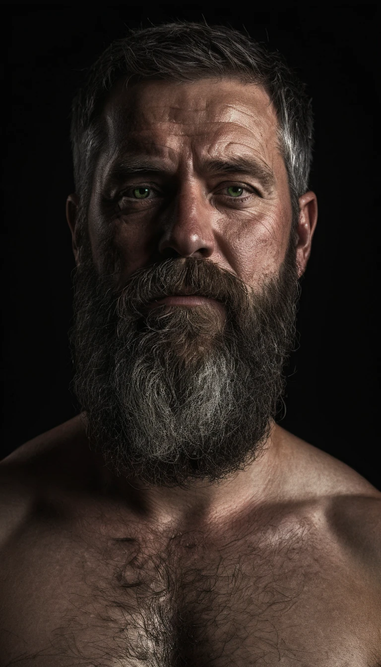 "Capture an 8K, hyperrealistic portrait of a man around 50 years old. He has very short military-style fade haircut, with a rugged beard that gives off a lumberjack vibe. His piercing green eyes gaze directly at the viewer. The scene shows the man from the waist up, revealing his heavily hairy chest and stomach, showcasing a chubby physique. He is shirtless against a deep black background, with a chiaroscuro lighting effect casting dramatic shadows on one side of his face and body. The image should focus on the intricate details of his facial features, beard texture, and chest hair, rendered in the hiperrealista style. Drawing inspiration from Greg Rutkowski's photography, emphasize the contrast between light and shadow, creating a powerful and intimate portrait of this rugged man."
