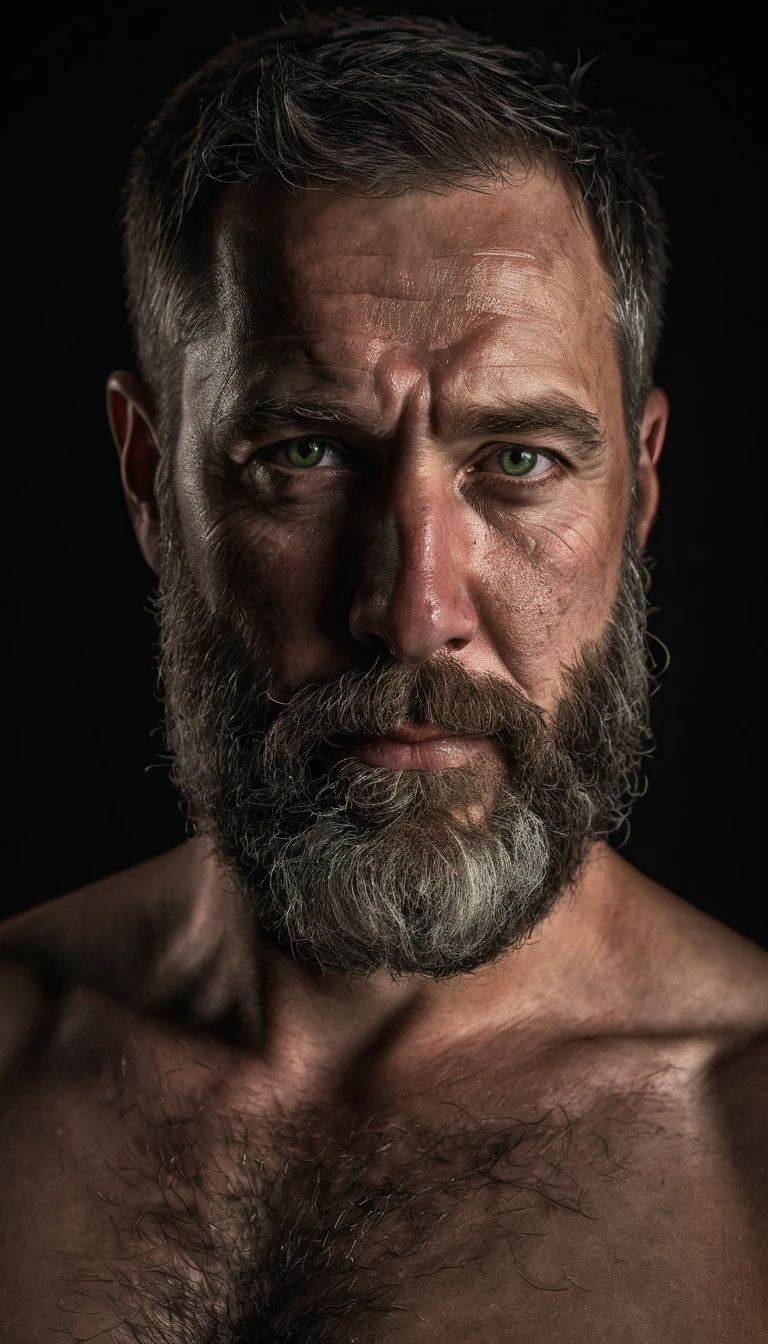 "Capture an 8K, hyperrealistic portrait of a man around 50 years old. He has very short military-style fade haircut, with a rugged beard that gives off a lumberjack vibe. His piercing green eyes gaze directly at the viewer. The scene shows the man from the waist up, revealing his heavily hairy chest and stomach, showcasing a chubby physique. He is shirtless against a deep black background, with a chiaroscuro lighting effect casting dramatic shadows on one side of his face and body. The image should focus on the intricate details of his facial features, beard texture, and chest hair, rendered in the hiperrealista style. Drawing inspiration from Greg Rutkowski's photography, emphasize the contrast between light and shadow, creating a powerful and intimate portrait of this rugged man."