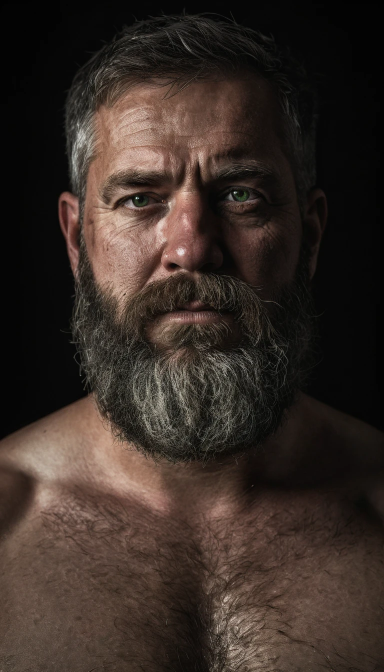 "Capture an 8K, hyperrealistic portrait of a man around 50 years old. He has very short military-style fade haircut, with a rugged beard that gives off a lumberjack vibe. His piercing green eyes gaze directly at the viewer. The scene shows the man from the waist up, revealing his heavily hairy chest and stomach, showcasing a chubby physique. He is shirtless against a deep black background, with a chiaroscuro lighting effect casting dramatic shadows on one side of his face and body. The image should focus on the intricate details of his facial features, beard texture, and chest hair, rendered in the hiperrealista style. Drawing inspiration from Greg Rutkowski's photography, emphasize the contrast between light and shadow, creating a powerful and intimate portrait of this rugged man."