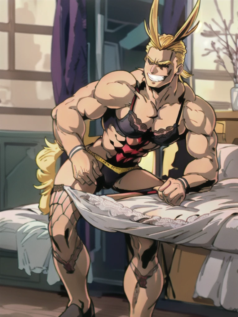 upward bulgeJ8,allmight, smile, antenna hair,Big pecs, large pecs, massive muscles, big bulge upward, big dick,  (micro thong lingerie:1.2), (bra:1.5), (lace fishnet tights:1.5), (supine position:1.5), bokeh, professional, sharp, natural lighting, (masterpiece:1.2), realistic, extremely detailed, intricate details, absurdres, 4k, 8k, hdr, highres, anime, manga, on bed,