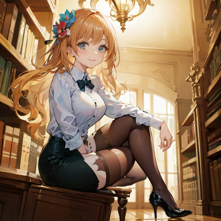 anime girl sitting on a table in a library with a lamp, epic light novel art cover, marin kitagawa fanart, seductive anime girl, painted in anime painter studio, cushart krenz key art feminine, beautiful anime girl, smooth anime cg art, epic light novel cover art, beautiful alluring anime woman, cute anime girl, at pixiv