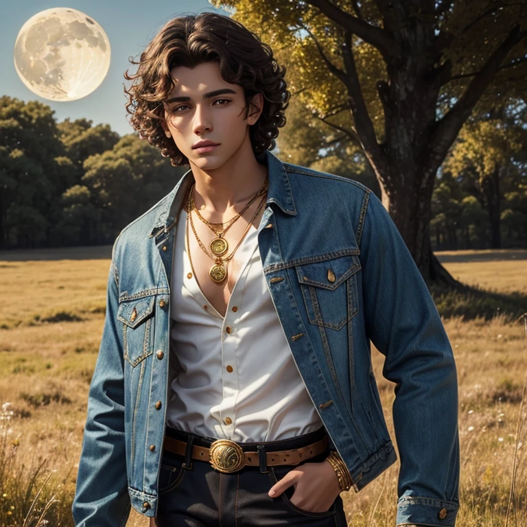 20 year old boy brown curly hair black denim jacket white shirt gold moon necklace gold bracelet blue jeans gold belt brown eyes slim muscular complexion looking straight at the viewer on a meadow background with a druid tree