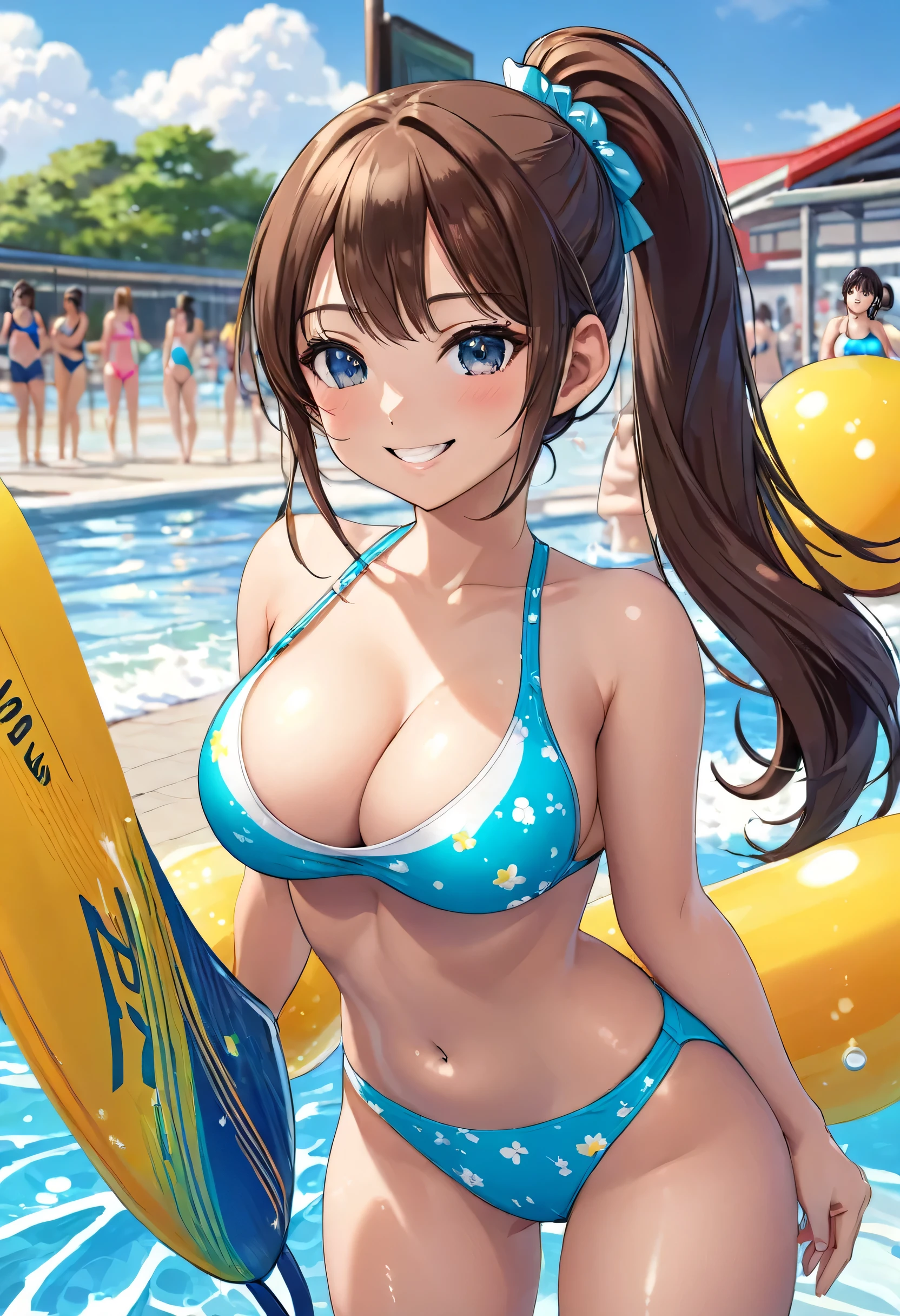 ((wear school swimsuit)), ponytail, japanese girl, 8K, ((full body shot)), huge breasts、highest quality, masterpiece, realistic, Photorealistic super detail, one girl, cute, best smile, beautiful eyes, long hair, perfect face,full body shot