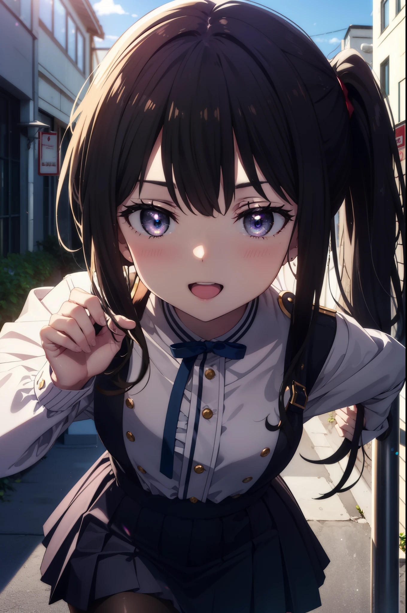 Takiuchi Kame, check it out, long hair, bangs, black hair, (purple eyes:1.2),ponytail,happy smile, smile, open your mouth,
Blue sailor suit,青色プリーツskirt,black pantyhose,brown loafers,happy smile, smile, open your mouth,skirt,morning,morning日,the sun is rising,
break outdoors,In town,building street,
break looking at viewer, whole body,(cowboy shot:1.5),
break (masterpiece:1.2), highest quality, High resolution, unity 8k wallpaper, (figure:0.8), (detailed and beautiful eyes:1.6), highly detailed face, perfect lighting, Very detailed CG, (perfect hands, perfect anatomy),