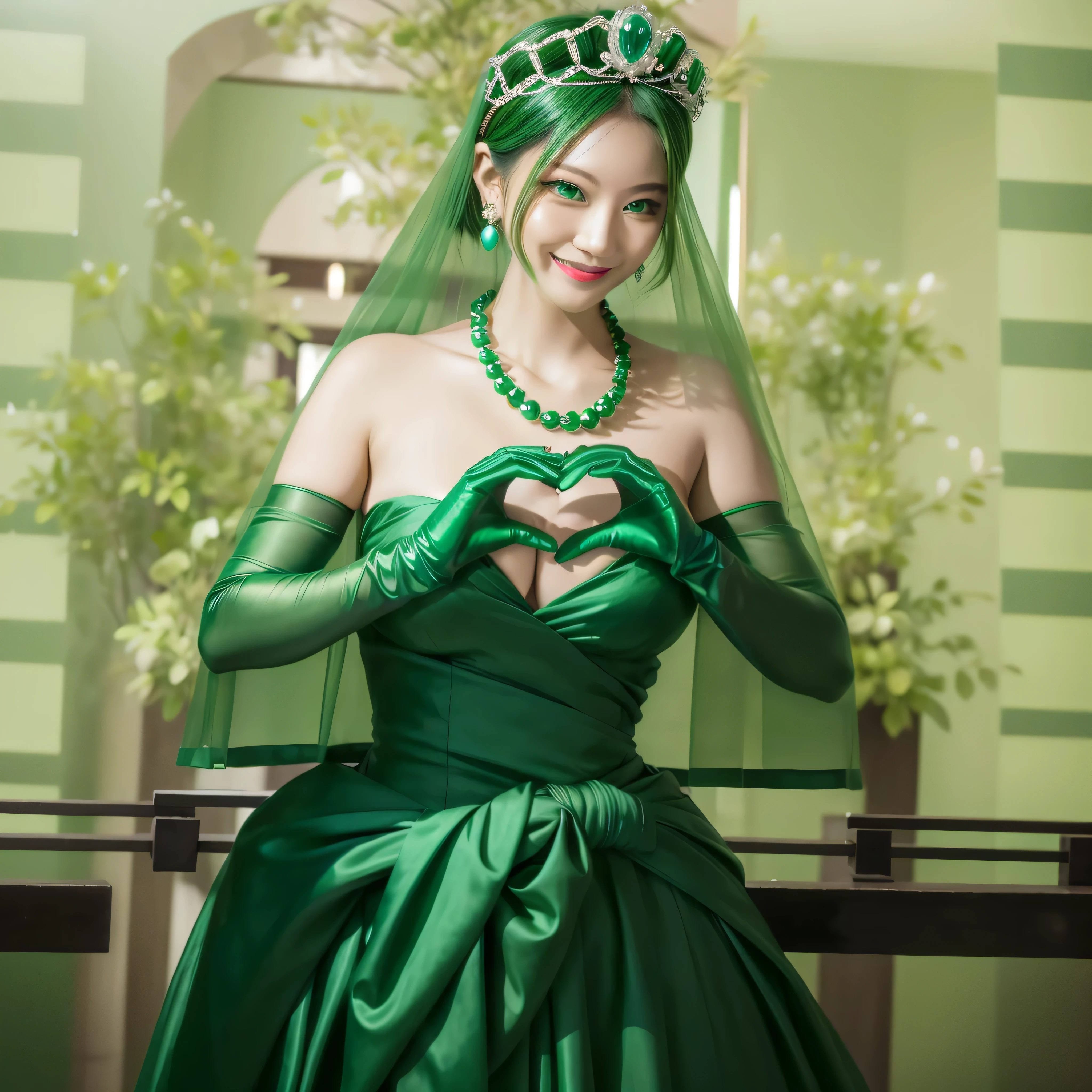 emerald tiara, green pearl necklace, boyish very short green hair, green lips, smiling Japanese woman, very short hair, Beautiful woman with big breasts, green eyes, green satin long gloves, green eyes, emerald earrings, green veil, Heart with both hands, green hair, beautiful japanese woman