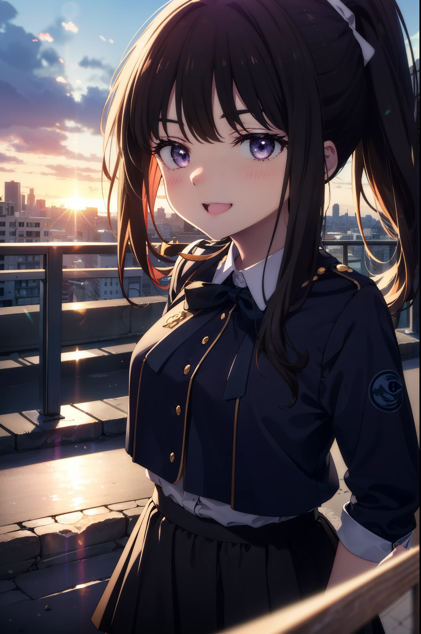 Takiuchi Kame, check it out, long hair, bangs, black hair, (purple eyes:1.2),ponytail,happy smile, smile, open your mouth,
Blue sailor suit,青色プリーツskirt,black pantyhose,brown loafers,happy smile, smile, open your mouth,skirt,morning,morning日,the sun is rising,
break outdoors,In town,building street,
break looking at viewer, whole body,(cowboy shot:1.5),
break (masterpiece:1.2), highest quality, High resolution, unity 8k wallpaper, (figure:0.8), (detailed and beautiful eyes:1.6), highly detailed face, perfect lighting, Very detailed CG, (perfect hands, perfect anatomy),