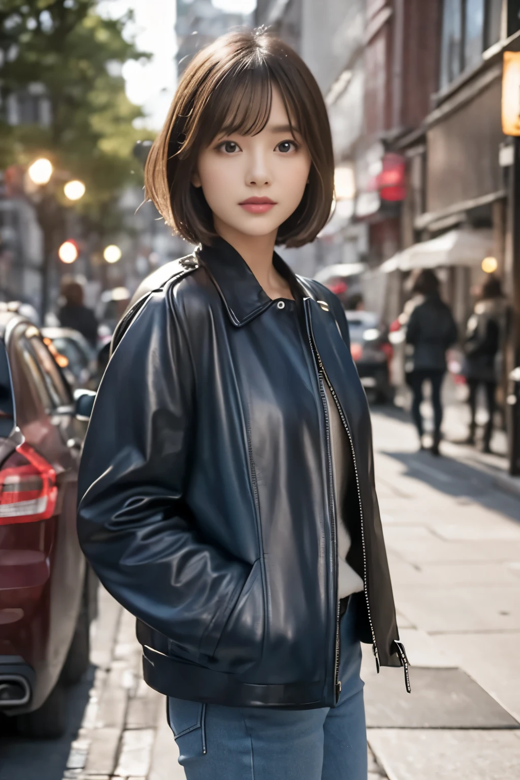 blue jacket:1.3, medium bob