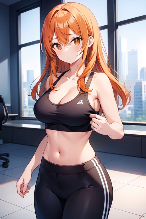 A beautiful woman with straight orange hair dressed in a sports bra and tight black sports pants
