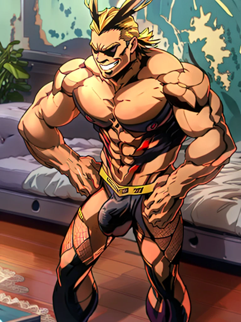 upward bulgeJ8,allmight, smile, antenna hair,Big pecs, large pecs, massive muscles, big bulge upward, big dick, (micro thong lingerie:1.2), (bra:1.5), (lace fishnet tights:1.5), (supine position:1.5), bokeh, professional, sharp, natural lighting, (masterpiece:1.2), realistic, extremely detailed, intricate details, absurdres, 4k, 8k, hdr, highres, anime, manga, on bed,