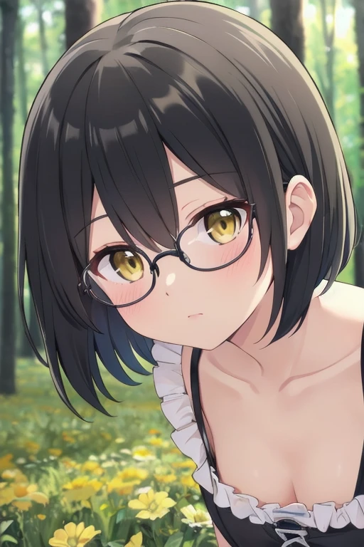 masterpiece, best quality, cute,
short hair, black hair, yellow eyes, medium breasts, dress, frills, glasses,
depth of field, forest, field, close-up,
