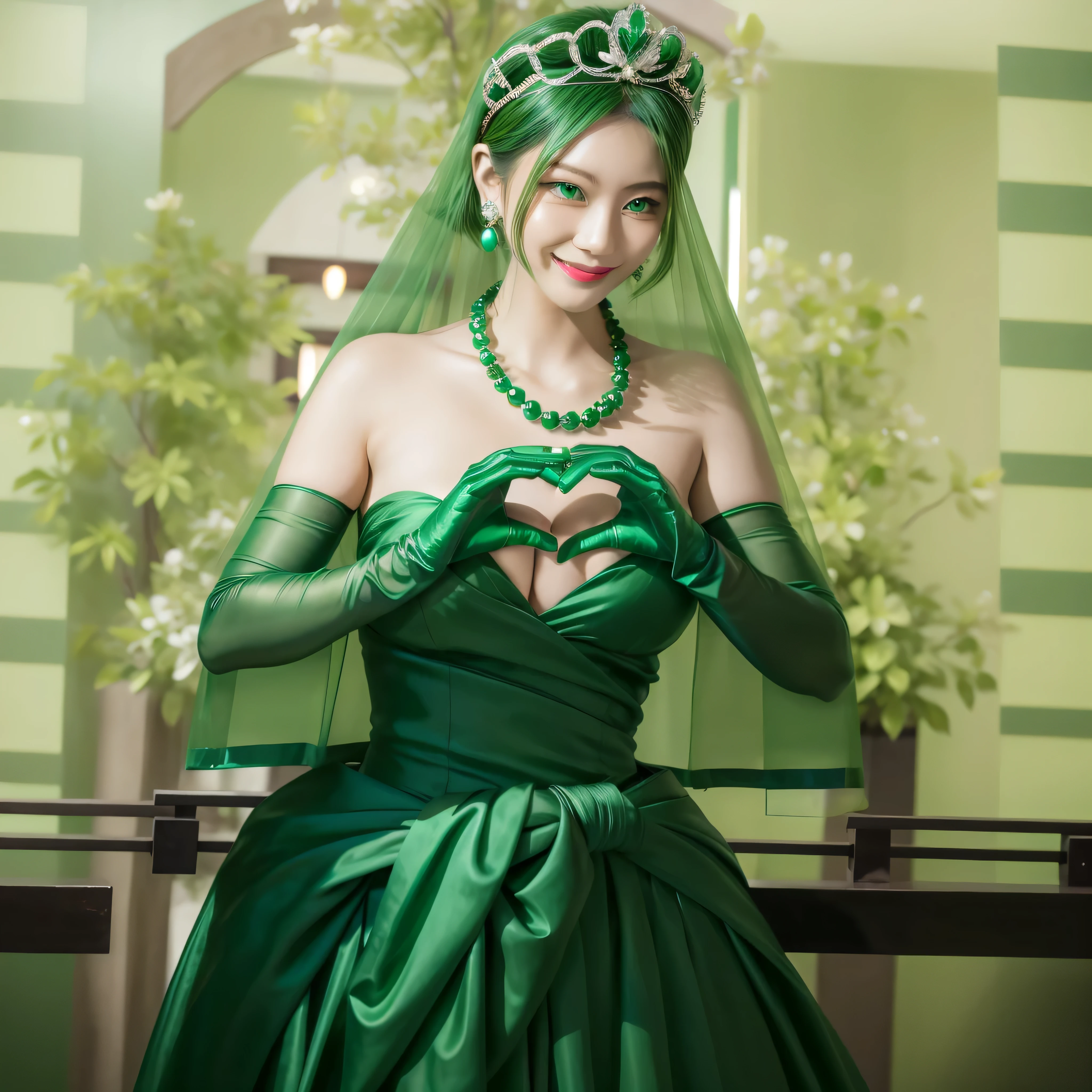 emerald tiara, green pearl necklace, boyish very short green hair, green lips, smiling Japanese woman, very short hair, Beautiful woman with big breasts, green eyes, green satin long gloves, green eyes, emerald earrings, green veil, Heart with both hands, green hair, beautiful japanese woman