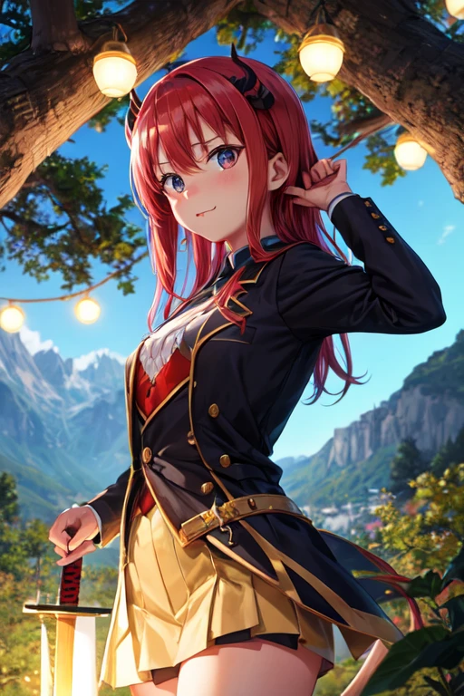 Satanichia mcdowell holding a sword and posing in a tree with a light lamp