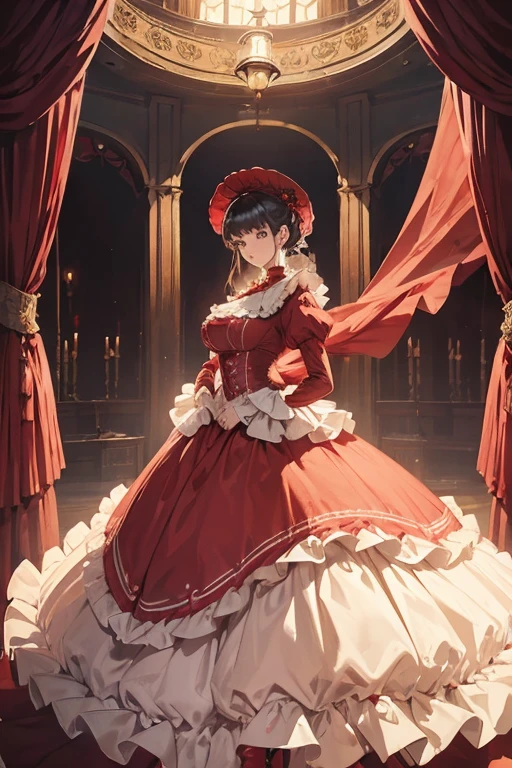 ((gigantic)) comically large long red hoopskirt crinoline, rigid fabric, structural fabric, victorian era, ridiculous bell-shaped dress