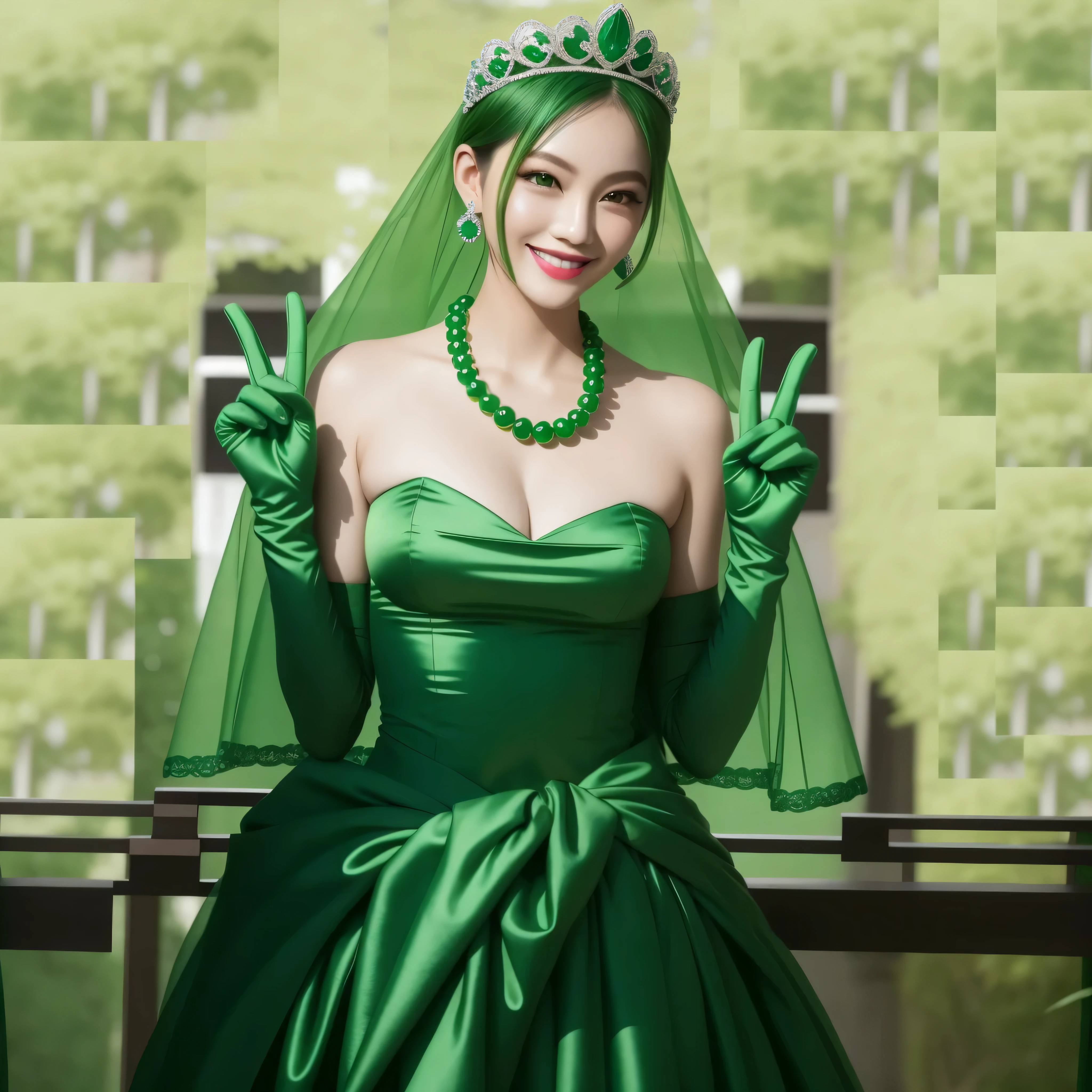 emerald tiara, green pearl necklace, boyish very short green hair, green lips, smiling Japanese woman, very short hair, Beautiful woman with big breasts, green eyes, green satin long gloves, green eyes, emerald earrings, green veil, Heart with both hands, green hair, beautiful japanese woman, V sign, green lip gloss