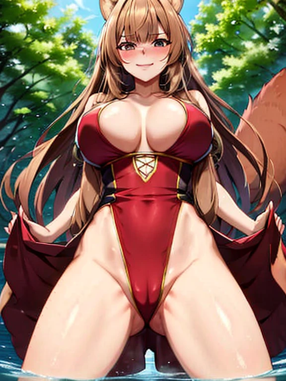 Raphtalia, NSFW, gigantic breasts, cute, in water, racoon tail, racoon girl, from below, open legs, smirking,